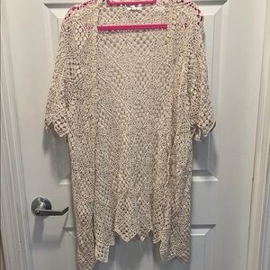 Maurices short sleeve, crochet cream colored open front cardigan, size medium